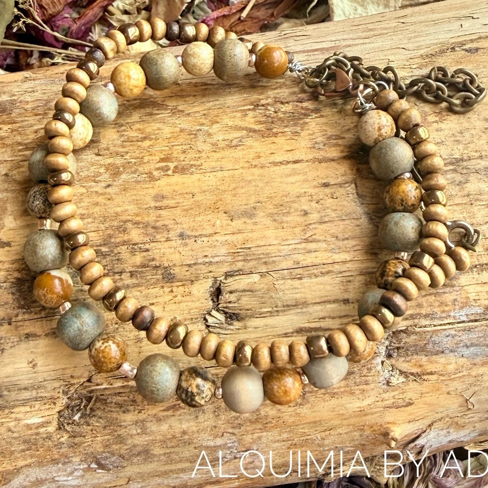 Double-Strand Bracelet – Bronze, Jasper & Wood • Garden Oracle Series